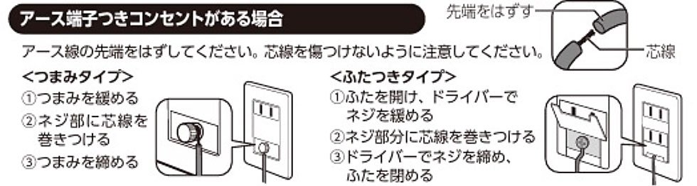 アース端子つきコンセントがある場合。アース線の先端をはずしてください。芯線を傷つけないように注意してください。